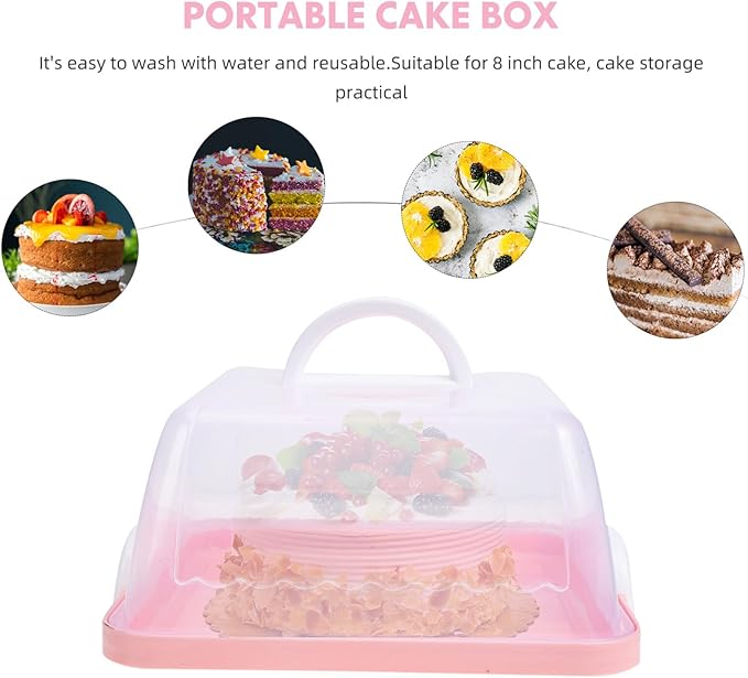 VICASKY 8'' Square Cake Box Portable Dessert carrier, plastic Bread with Handle, small Clear Packing Container for Transparent Carrier Lid Storage Desserts Handle-attached Server 8-inch Pink