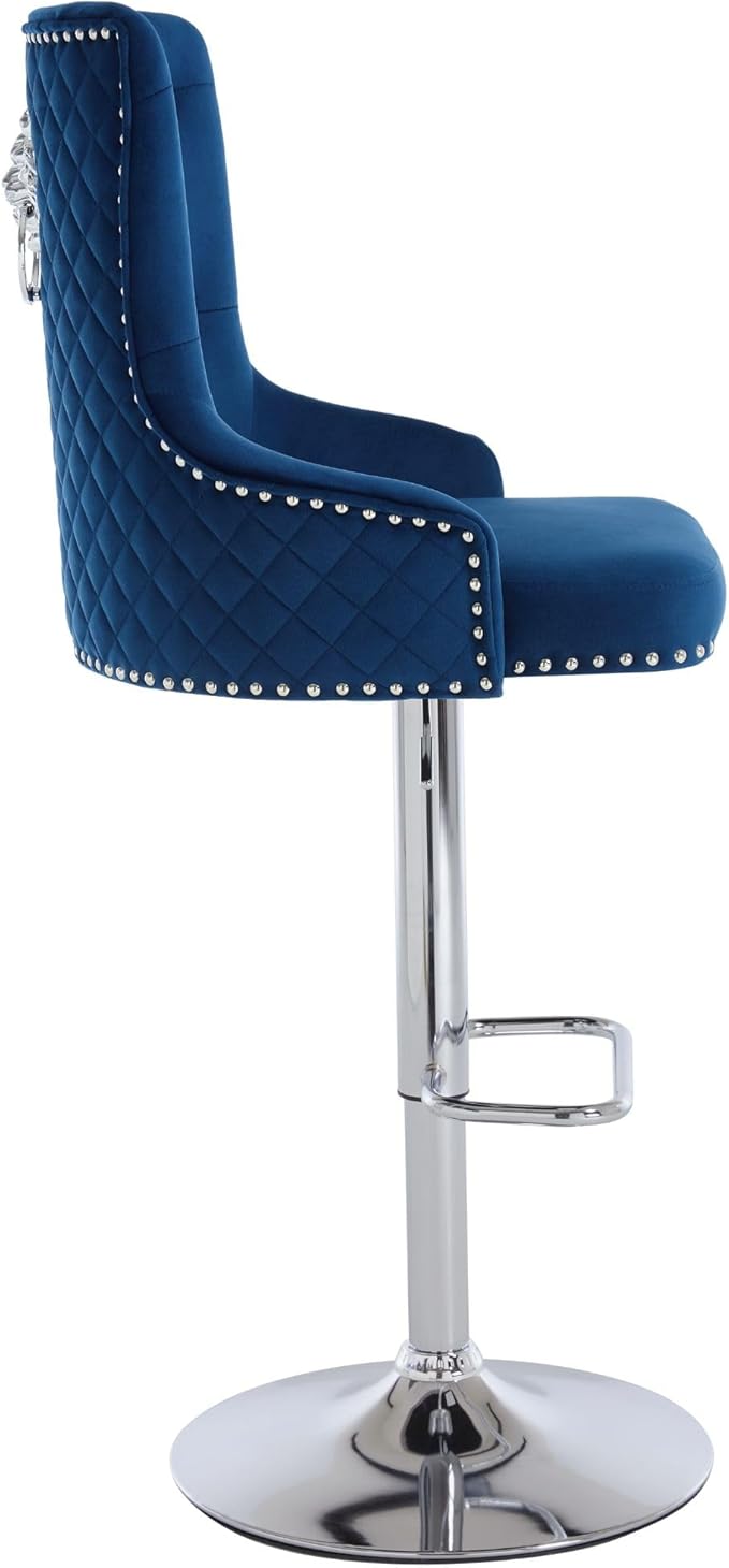 Velvet Lion Bar Stools Set of 4, Modern Height Adjustable Swivel Barstools with Chrome Base, Tufted Counter Height Bar Stools Upholstered Bar Chairs for Kitchen Island, Dining Room, Blue