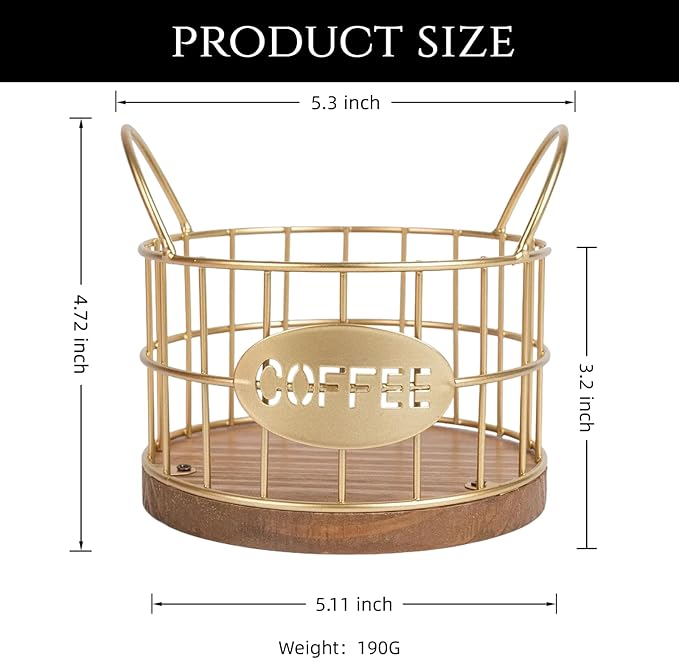 Coffee Pod Holder for Counter, K Cup Holders Coffee Pods Storage Organizer,Coffee Bar Basket with Wooden Base for Kitchen Office Desktop (Gold)