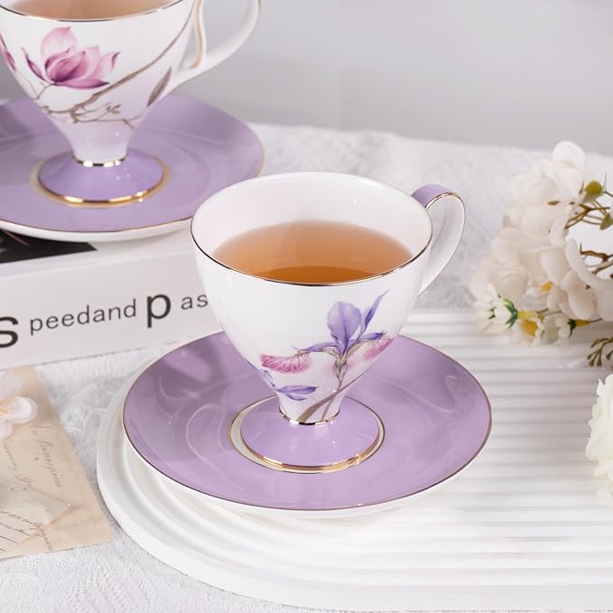 KAMMAK Ceramic Tea Cup and Saucer Set with Gold Trim, Purple Hibiscus & Iris Flower Pattern Cup and Saucer, 240ml Elegant Coffee Cup for Afternoon Tea, Gift for Women