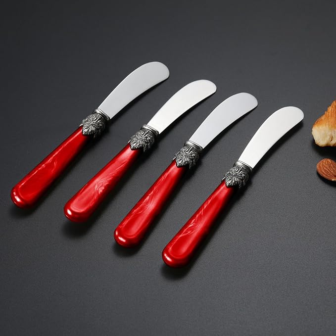 REVERIE Collection 4-piece Stainless Steel Butter Spreader Cheese Knife, Giftable Butter Knives set, Bread Knife set (Red)