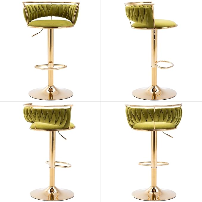 LukeAlon Velvet Adjustable Barstools, Modern 360° Swivel Counter Stools with Golden Base Upholstered Open Back Tall Bar Chair with Footrest for Home Kitchen, Green