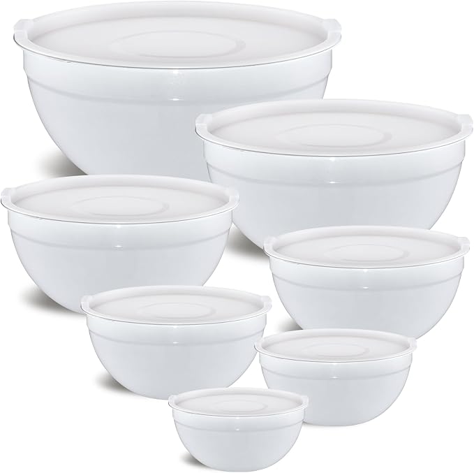 White Mixing Bowls with Airtight Lids, Stainless Steel Nesting Mixing Bowls Set of 7, Ideal for Baking, Prepping and Serving Food, Size 7, 3.6, 2.7, 2.1, 1.5, 1.1,0.8 QT, Stackable Design