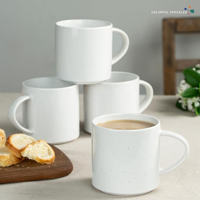 famiware Nebula 4 Pieces Coffee Mug, 14 oz Catering Mugs with Handle for Coffee, Tea, Cocoa, Milk, White with Colorful Speckles