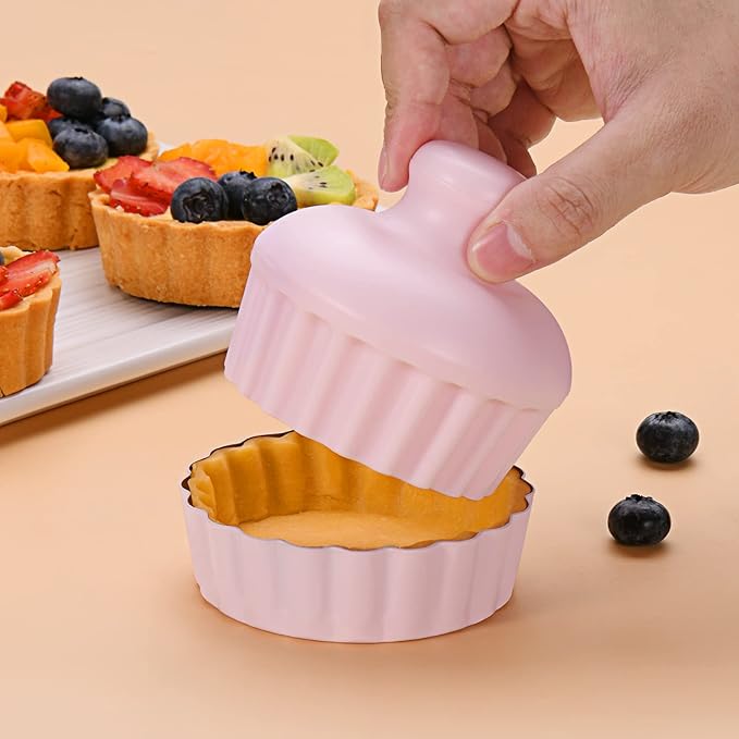 Mini Round Tart Pan with Removable Bottom, Nonstick Mini Pie Pans for Baking, Carbon Steel Quiche Pan Set for Cupcake Muffin Cakes and Desserts, Including 6 Tart Pan and 1 Tart Tamper (Pink)