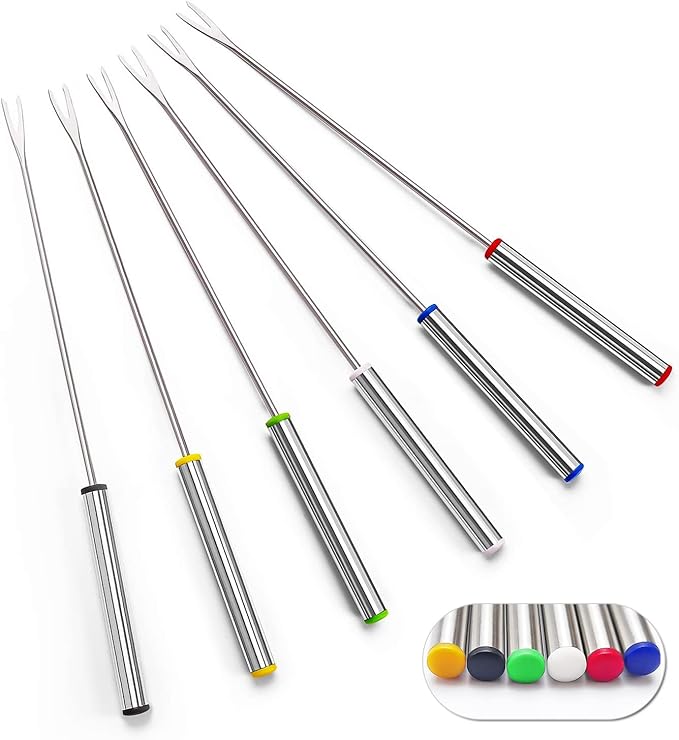 6 PCS Stainless Steel Fondue Forks, 9.5 Inch Color-Coded Cheese Fondue Forks Smores Sticks with Heat Resistant Handle for Chocolate Fountain Cheese Fondue Roast Marshmallows Desserts Fruits