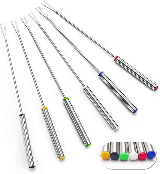 6 PCS Stainless Steel Fondue Forks, 9.5 Inch Color-Coded Cheese Fondue Forks Smores Sticks with Heat Resistant Handle for Chocolate Fountain Cheese Fondue Roast Marshmallows Desserts Fruits