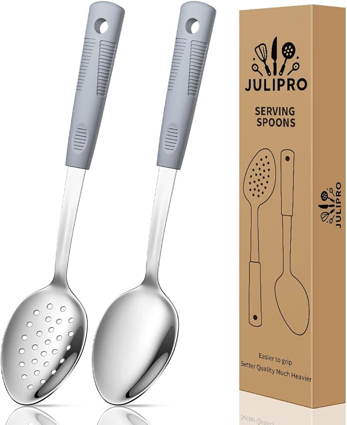 2-Piece,Stainless Steel Serving spoons set with Slotted Spoon.Serving Spoon and Perforated Spoon, kitchen cooking serving utensils set cooking spoon-grey