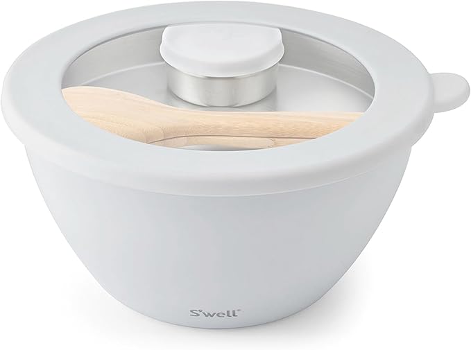 S'well Stainless Steel Salad Bowl Kit XL 184oz, Angel Food, Includes 5oz Canister For Dressing, Serving Utensils, and Removable Tray, Leakproof, Easy to Clean, Dishwasher and Refrigerator Safe