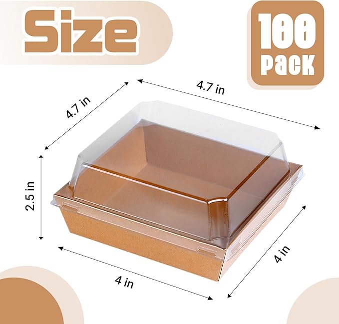 Plastic Charcuterie Boxes with Clear Lids 4in 100pcs, Brown Small Square To Go Paper Bakery Dessert Boxes, Disposable Mini Food Containers for Sandwich Cookie Slice Cake Strawberry Snack