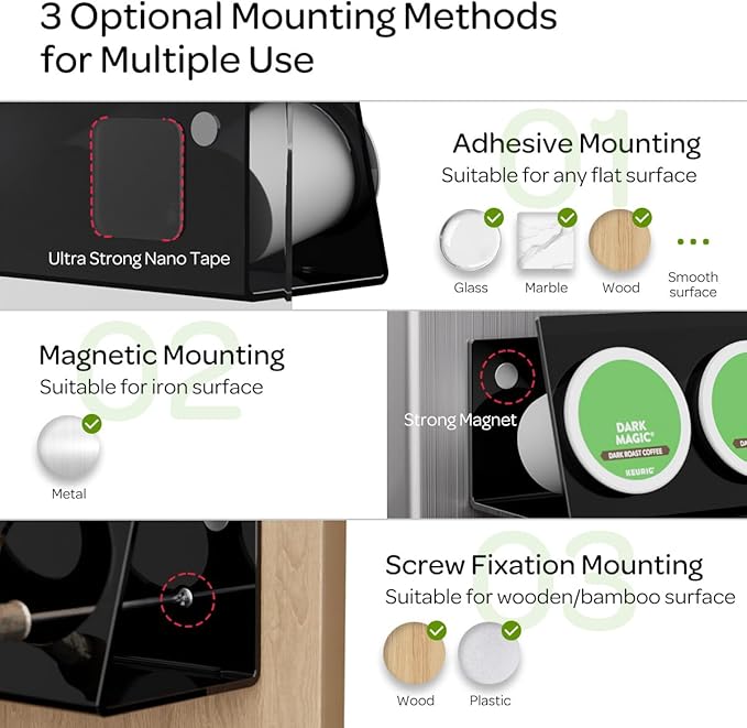 K Cup Holders, Acrylic Coffee Pods Organizer Stand Magnetic & Self-Adhesive for Kitchen Wall, Cabinet, Fridge (4 Pack for 16 Pods)