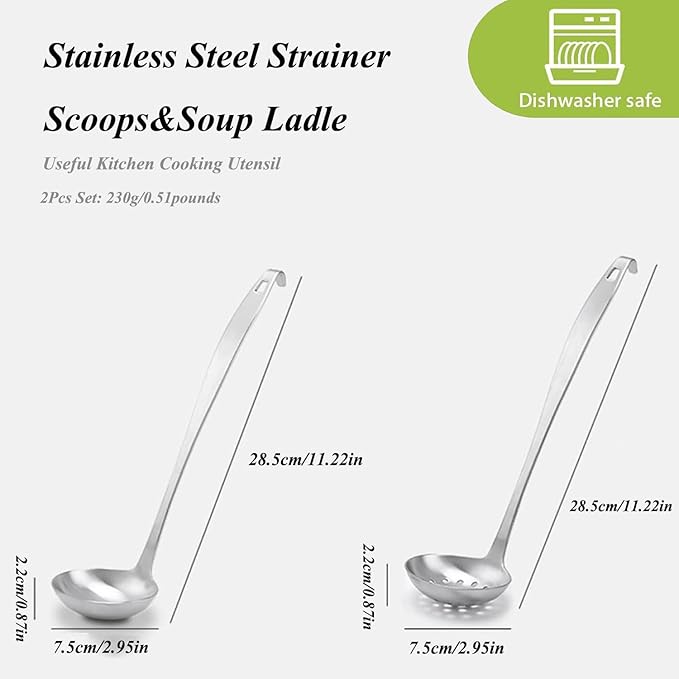 Stainless Steel Soup Ladle,Serving Ladle Scoop And Slotted Spoon Set Of 2 with Hook and Hole for Easy Hanging,Cooking Utensils Set for Kitchen