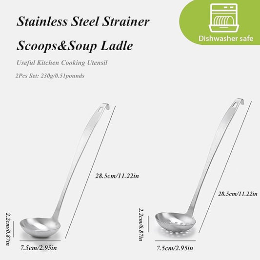 Stainless Steel Soup Ladle,Serving Ladle Scoop And Slotted Spoon Set Of 2 with Hook and Hole for Easy Hanging,Cooking Utensils Set for Kitchen