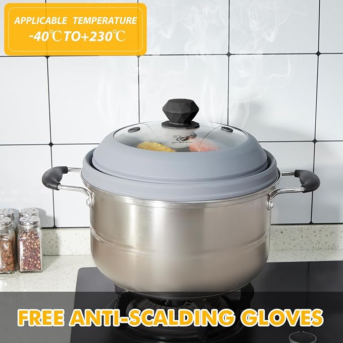 Microwave Splatter Cover Vented Glass Splatter Guard Lid with Collapsible Silicone for Food as Pot Cover 11.8 inch Large Plate for 6 7 8 9 10 11 inch Plate Bowl Light Grey