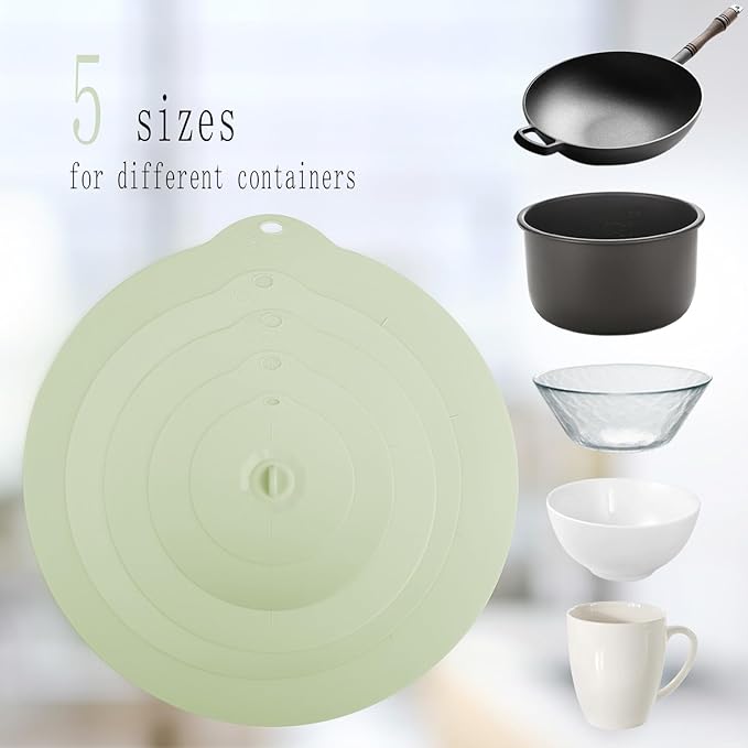 4"-12" Silicone Lids for Cups Bowls Plates Pans, Microwave Splatter Cover, Kitchen Containers Lids Cover for Food Storage,Light Green Multiple 5 Pack