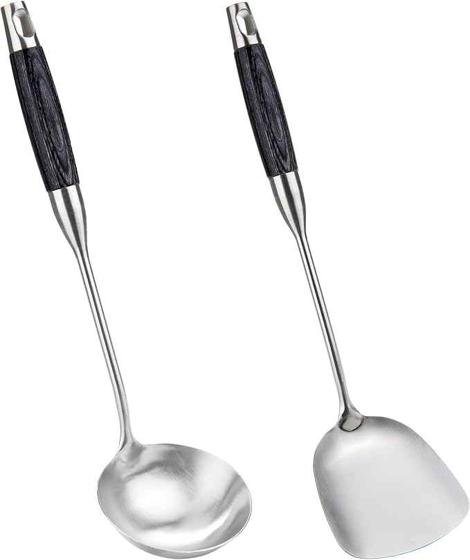 FJNATINH Wok Spatula and Ladle Set - Wok Utensil - Wok Tools - Ebony Wooden Handle Stainless Steel Cooking Utensils Wok Accessories Kitchenware Set of 2