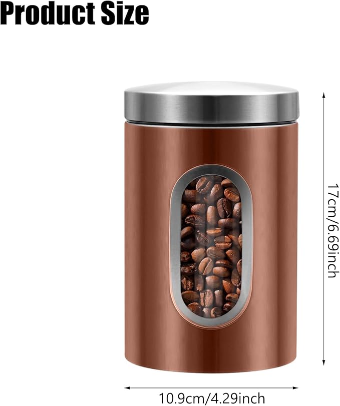 Canisters Sets for the Kitchen, 3pcs Sugar Flour Tea Coffee Storage Jars Stainless Steel Food Container Organizer for Kitchen Counter with Transparent Window (bronzy)