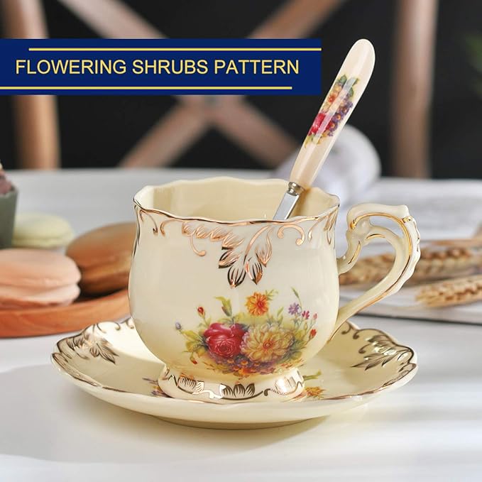 YOLIFE Flowering Shrubs Tea Cups and Saucers Set of 6, Ivory Ceramic Floral Tea Cups Set with Golden Rack, Coffee Cups, 8 oz