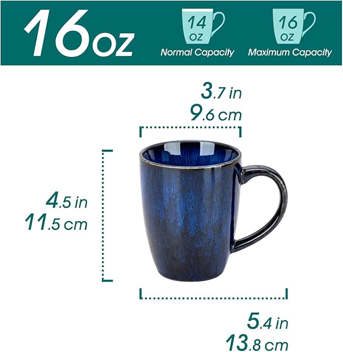 vancasso STARRY Ceramic Coffee Mug Set of 6, 16 Oz Tea Cups with Handle for Latte, Tea, Cappuccino, Milk, Cocoa, Microwave&Dishwasher Safe, Blue