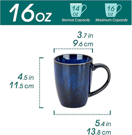 vancasso STARRY Ceramic Coffee Mug Set of 6, 16 Oz Tea Cups with Handle for Latte, Tea, Cappuccino, Milk, Cocoa, Microwave&Dishwasher Safe, Blue