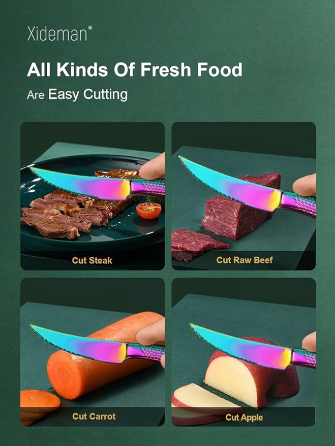 16-Piece Modern Hammered Rainbow Silverware Set with Ultra Sharp 2-IN-1 Serrated Knife, 18/10 Stainless Steel Iridescent Flatware Set Service for 4, Luxury Cutlery Set, Forks Spoons Knives Set