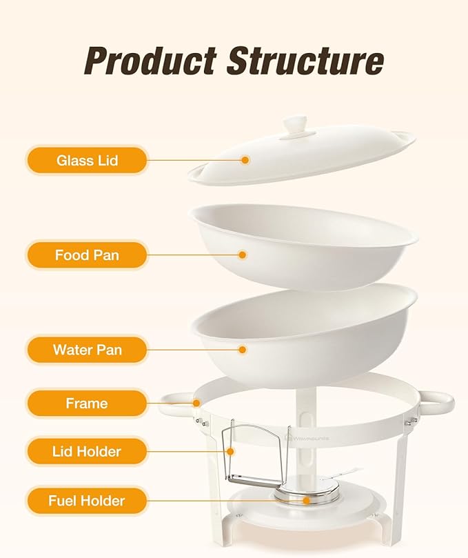 White Chafing Dishes for Buffet (5QT, 4Pack), Maifanite-Coated Round Chafers and Buffet Warmers Set w/Mirror-Polished Stainless Steel, Rolled Rim, Stackable, Lid Holder for Party, Wedding