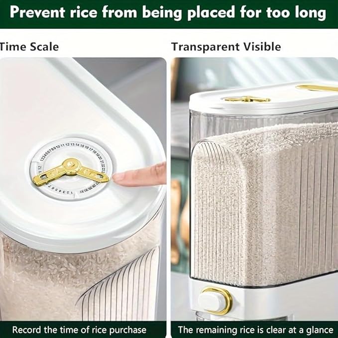 5kg/10kg Rice Dispenser - Large Pantry Storage Container with Measuring Cup & Time Markings | Kitchen Grain Dispenser for Cereal, Pasta, Dry Food | 11.02LB/22.05LB Capacity (22 lbs)