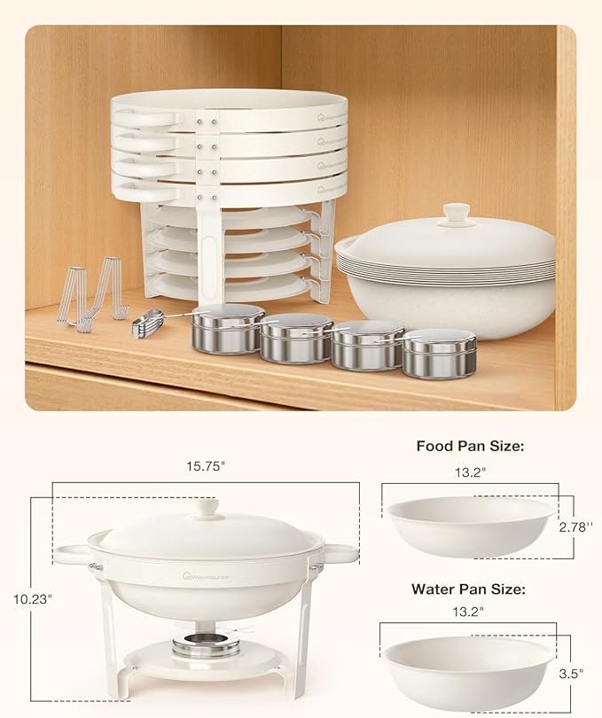 White Chafing Dishes for Buffet (5QT, 2Pack), Maifanite-Coated Round Chafers and Buffet Warmers Set w/Mirror-Polished Stainless Steel, Rolled Rim, Stackable, Lid Holder for Party, Wedding