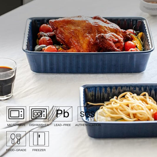 Ceramics baking dish set of 2, Rectangular Baking Dish, Lasagna Pans for Cooking, Kitchen, Cake,Dinner, Banquet and Daily Use, 12x 8 Inch & 8.95 x 6 inch of Casserole Dishes (Dark Blue)