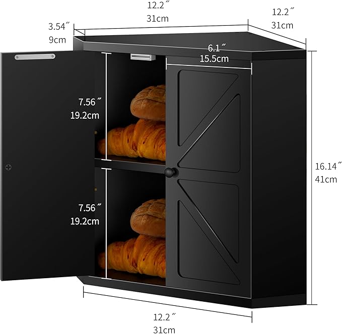 Corner Bread Box for Kitchen Countertop,Storage Container for Homemade Bread, Double Layer BreadBox, Large Capacity Bread Storage Bin, Vintage Farmhouse Breadbox Organizer,Black