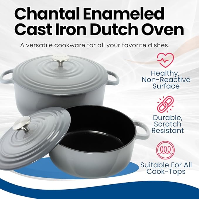 Chantal Enameled Cast Iron Cookware, 5 pc Set, Fade Grey