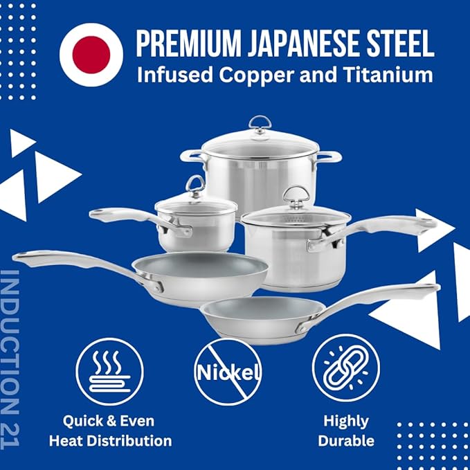 Chantal Induction 21 Steel 8 Piece Cookware Set with Ceramic Coated Fry Pans, 8 pc Set