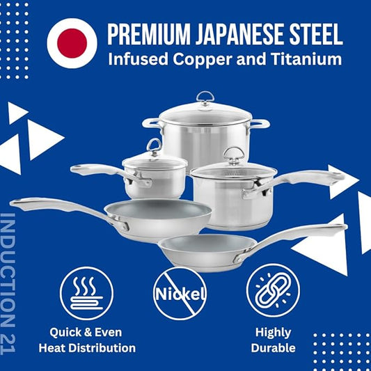 Chantal Induction 21 Steel 8 Piece Cookware Set with Ceramic Coated Fry Pans, 8 pc Set