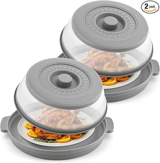 2 Pack Microwave Food Splatter Cover & Base Mat,Large Plastic & Silicone Vented Avoid Scalding Collapsible Guard Lid, Plate Holder & Kitchen Colander for Meal Prep