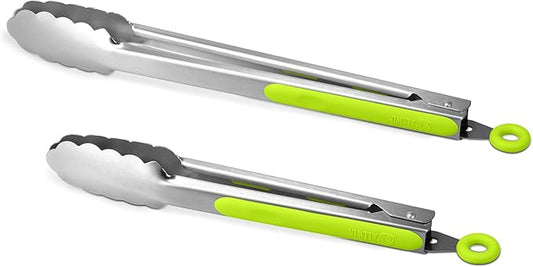 304 Stainless Steel Kitchen Cooking Tongs, 9" and 12" Set of 2 Sturdy Grilling Barbeque Brushed Locking Food Tongs with Ergonomic Grip, Green