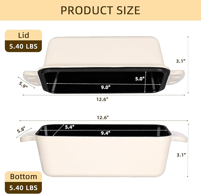 9x5 Enameled Cast Iron Loaf Pan with Lid - 2 in 1 Bread Pan for Baking Homemade Sourdough