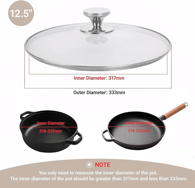 12.5 Inch Pan Lid for Frying Pan, Skillet, 4mm Clear Tempered Glass, Compatible with Dishwasher and Ovens