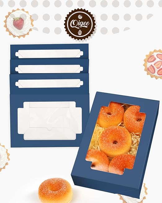 qiqee Blackish Blue Cookie Boxes for Gift Giving 8x5.3x2 inch 24Packs Blackish Blue Bakery Box with Window Treat Box for Donuts Candies and Biscuit