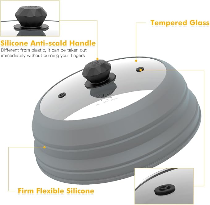 Microwave Splatter Cover Vented Glass Splatter Guard Lid with Collapsible Silicone for Food as Pot Cover 11.8 inch Large Plate for 6 7 8 9 10 11 inch Plate Bowl Light Grey