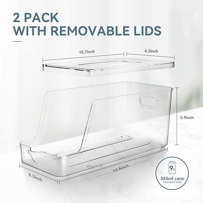 Soda Can Dispenser for Refrigerator with Lids, Stackable Drink Organizer for Fridge, Clear Plastic Refrigerator Organizer Bins, Beverage Can Holders for Pantry, Freezer, Kitchen, Cabinets Set of 2