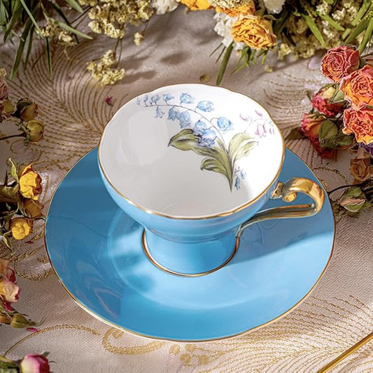 Aynsley Handpainting Colored Glaze Lily of the Valley Corset Fine Bone China English Tea Cup and Saucer Set, 6.1 oz (Turq)