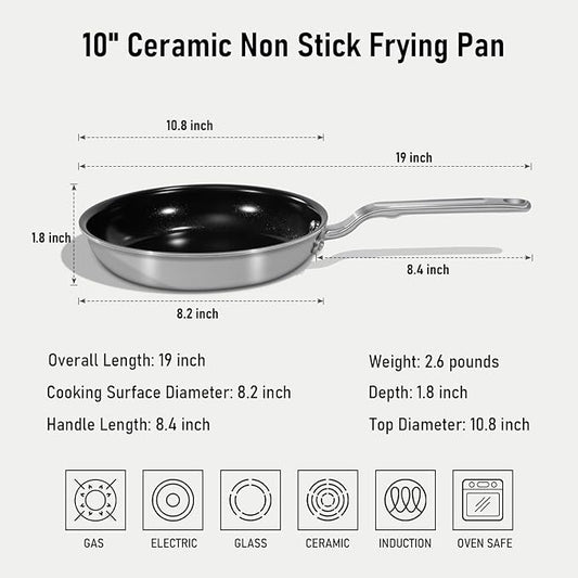 10 Inch Ceramic Non Stick Frying Pans - 5 Ply Stainless Clad Nonstick Skillet, Toxic, PTFE & PFOA FREE, Professional Cookware for Induction, All Stoves and Oven up to 650°F