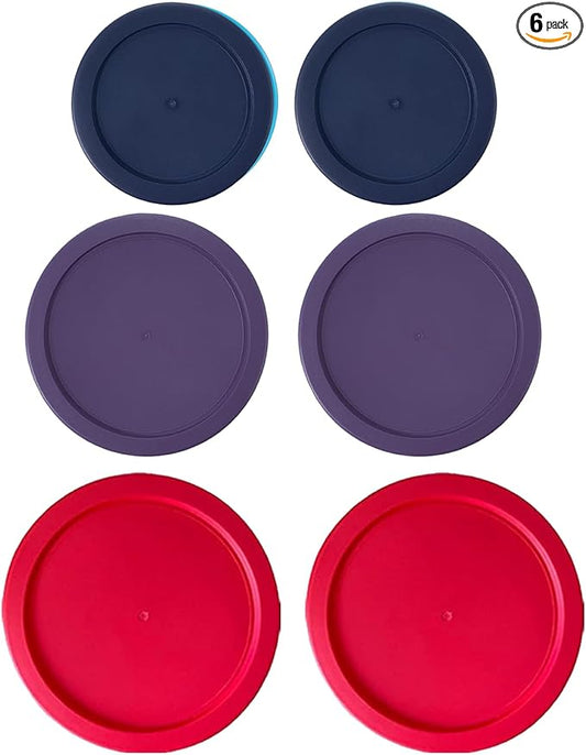 Replacement Lids for Pyrex Containers Round Glass Food Plastic - (2) 2-Cup Navy, (2) 4-Cup Purple, (2) 7-Cup Dark Red- BPA-Free, Dishwasher & Microwave Safe