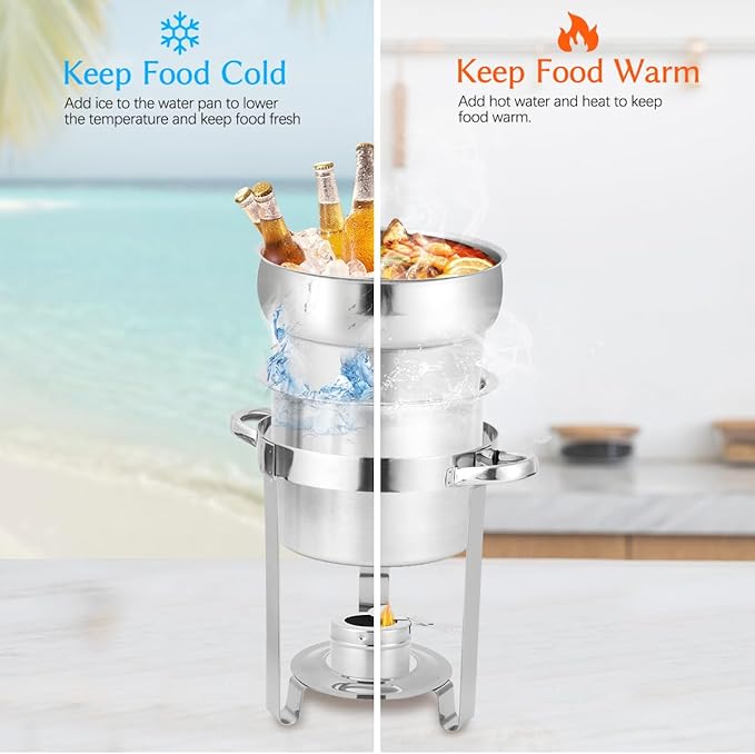 Snowtaros 7QT Soup Chafer, Stainless Steel Round Soup Warmer with Pot Lid & Fuel Holder, Commercial Soup Pot Chafing Dish for Catering, Parties, Banquets, Events (2 Pack)