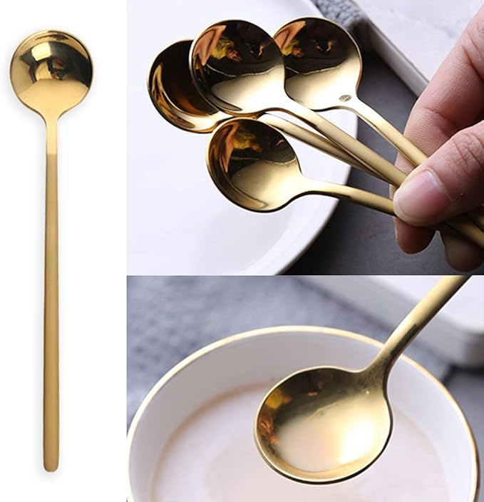 6 Pcs Golden Stainless Steel Round Dessert Spoons - Long Handle for Hot Chocolate, Ice Tea, Latte & Espresso