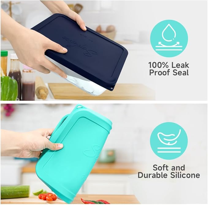 Sophico 11 Cup Rectangle Silicone Storage Cover Lids Replacement for Pyrex 7212-PC Glass Bowls, Container not Included (MINT-NAVY BLUE)
