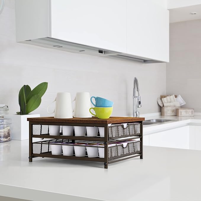 Coffee Pod Drawer Holder Coffee Pod Storage Organizer for Counter 2 Tier Coffee Pod Holder 72 Capacity Capsule Storage Rack with Sliding Baskets for Home Office (Brown)