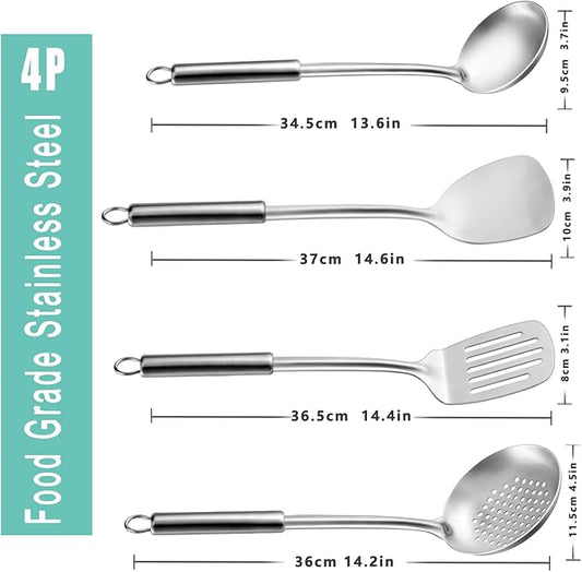 Pleafind 4-Pcs Cooking Utensils Set, Stainless Steel Kitchen Utensils, Wok Utensils Set Include Wok Ladle, Slotted Spoon, Wok Spatula and Slotted Spatula, Dishwasher Safe