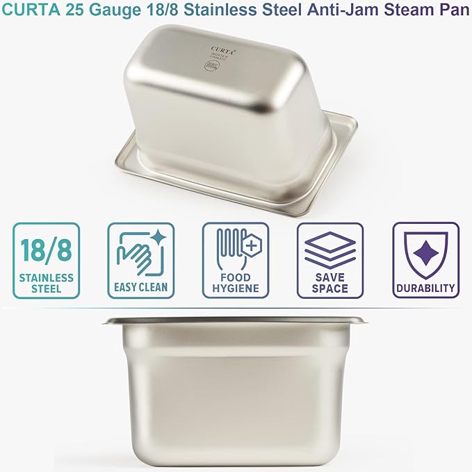 CURTA 6 Pack Anti-Jam Hotel Pans, 1/9 Size 4 Inch Deep, NSF Commercial 18/8 Stainless Steel Chafing Steam Table Pan, Catering Storage Metal Food Pan