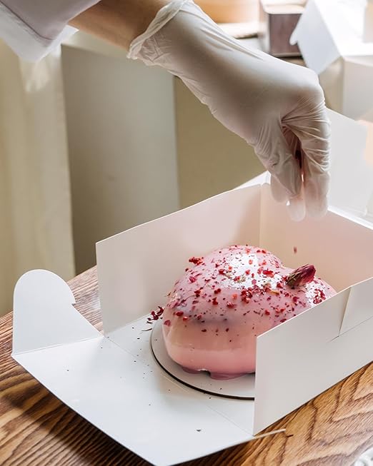 qiqee White 6x6x5 Cake Box, 4 Sets White Cake Box with Window ＆ 4 Sets 6" White Cake Round Boards, 6inch Cake Containers